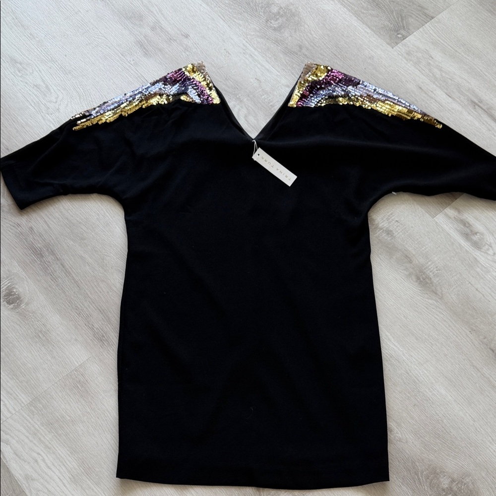 Trina Turk Black Dress with Gold and Purple Sequin Shoulders